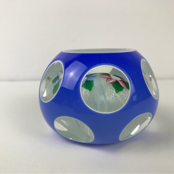 John Deacons Double Overlay Two Flower Lampwork Latticinio Faceted Paperweight - Picture 6 of 15